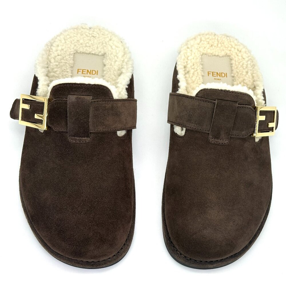 FENDI Feel FF Shearling  Buckled Sabots Mules Slides Flat Clog Sandals - Picture 14 of 16